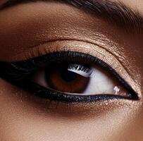 Close-Up of Brown Eye with Dramatic Black Eyeliner and Metallic Gold Eyeshadow photo