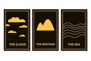 Tarot card frame yellow line border celestial mystery esoteric decoration mystical cloud mountain and sea on dark background. vector