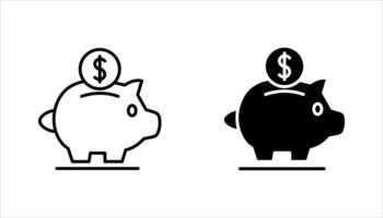 Piggy bank, linear style icon set, Piggy bank with a coin being inserted, Editable stroke width, on a white background vector