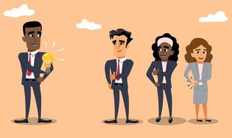 Businessman congratulated by business team for solving a problem, lightbulb representative of completing a business task or analysis vector