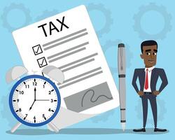 Businessman with completed tax return form and alarm clock, accountant filing a self assessment and paying taxes on time concept vector