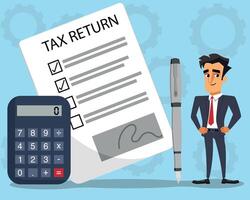 Businessman with completed tax return form, accountant filing a self assessment, taxation concept vector