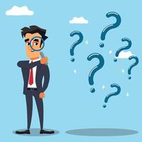 Confused Businessman looking through magnifying glass to solve a problem, searching for an answer concept vector