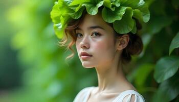 Serene Portrait of a Young Woman Adorned with a Lush Green Wreath, Embracing Nature's Beauty photo