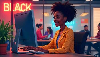 Smiling Black Woman Working on Desktop Computer in Modern Office photo