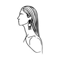 woman in profile with loose straight hair with open shoulder, portrait without a face - hand drawn line art vector