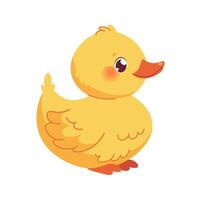 Cute kawaii duck on white background. Cartoon character, yellow duckling. Isolated baby duck vector
