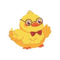Cute kawaii duck on white background. Yellow duckling with glasses and bow tie. cartoon character vector