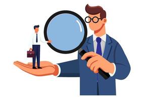 Flat illustration of human resources manager considering employee selection. Empty background. vector