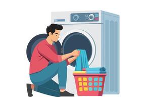 Illustration of a man putting laundry into the washing machine. blank background vector
