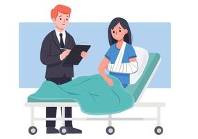 Flat illustration of an insurance agent visiting a female customer with a broken arm. vector
