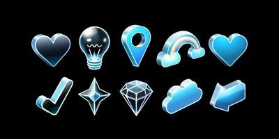 3D glass symbol elements heart, lamp, location, arrow, rainbow, starlight, crystal, check mark and cloud. Suitable for design elements vector