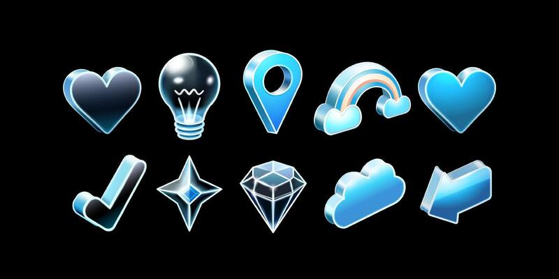 3D glass symbol elements heart, lamp, location, arrow, rainbow, starlight, crystal, check mark and cloud. Suitable for design elements