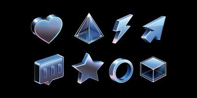 3D glass symbol elements heart, triangle, lightning, arrow, chat, star, circle and square. Suitable for design elements vector