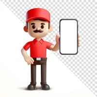 Delivery man showing the screen of the smartphone he is holding, 3d. Suitable for business and design elements vector