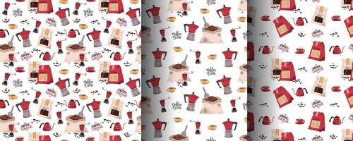 Set of Seamless patterns with coffee bag, moka pot, teapot, coffee grinder. Repeating texture with coffee accessories and tools. Barista tools vector