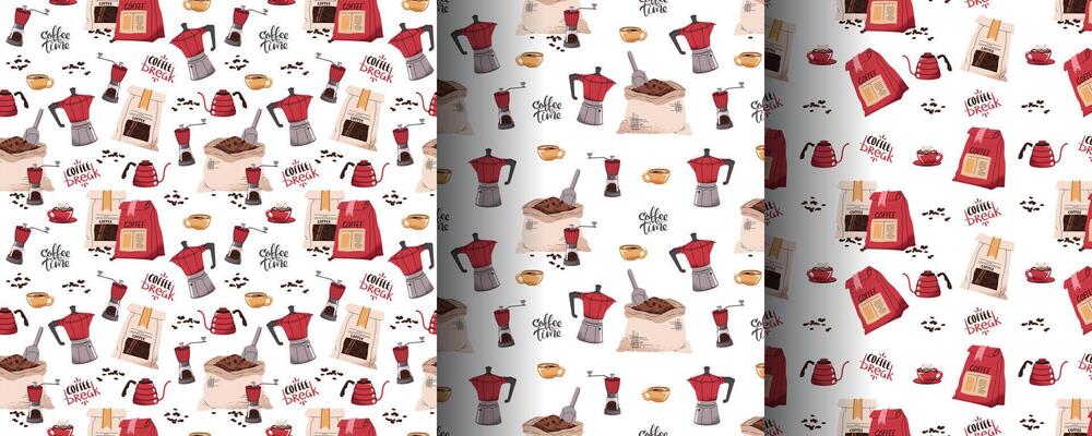 Set of Seamless patterns with coffee bag, moka pot, teapot, coffee grinder. Repeating texture with coffee accessories and tools. Barista tools