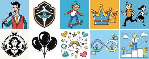 A Collection of Diverse Colorful Illustrations Featuring People and Objects vector