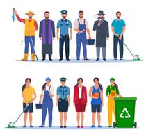 Job and professions set. Men ad women in uniforms, different occupation, work. Same man and woman characters in different occupations. illustration. vector