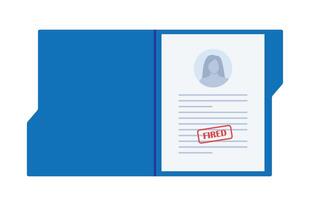 Open blue folder with Dismissal document, dismissed stamp. Getting fired. CV resume, personal data. Unemployment dismissal of workers. Layoff, crisis, employee job reduction. illustration. vector
