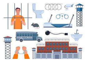 Prison elements. Observation tower, bed, prisoner, window, prison bars, toilet bowl, sink, jail cell, rat, barbed wire, hands in handcuffs, security camera. Penitentiary system icons. . vector