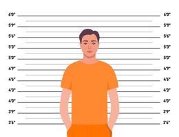 Criminal mugshot front view on measuring scale background. Prisoner man in orange robe posing for identification photo. illustration. vector