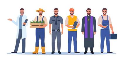 Job and profession set. Men in uniforms, different occupation, work. Same man character in different occupations. illustration. vector