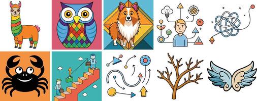 Collection of Diverse Colorful Illustrations Featuring Animals Plants and Abstract Concepts vector