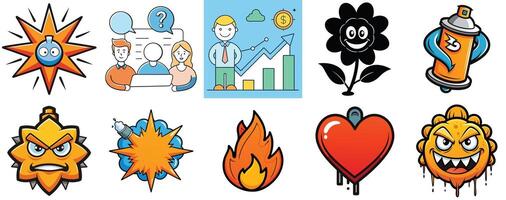 Collection of Cartoon Images Featuring Angry Faces, Explosions, Business Growth Charts, and a Spray Can vector