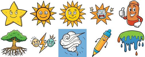Collection of Cute Cartoon Characters Featuring Sun Stars Clouds and More vector