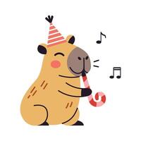 Funny capybara enjoying a festive birthday celebration. design ideal for kids clip art, greeting cards, and cheerful decorations. Cute smiling capybara character. vector