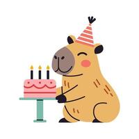 Cute capybara at a birthday party, wearing a hat with cake. Adorable illustration for kids clipart and festive designs. vector