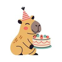 adorable capybara with a party hat and cake. Cute and kawaii cartoon graphic for baby-themed illustration and birthday clipart. vector