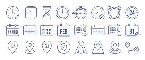 Set of time, date and location outline icons for apps and websites isolated on white background. illustration vector