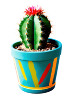 Cactus in a quirky, painted pot, desert vibes, prickly spines, isolated on transparent, bright colors, png