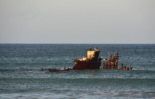 Rusting Remains of a Shipwreck in the Ocean photo