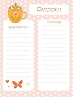 Template for writing down recipes in a delicate style with hearts vector