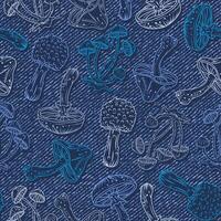 Seamless blue pattern with outline mushroom silhouette. Random composition. Textured denim background. Grunge style vector