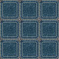 Seamless blue denim pattern with square fabric patches, double stitching, buttons. Classic geometric grid. Vintage style. vector