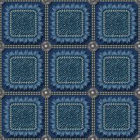 Seamless blue denim pattern with square fabric patches with frayed fringe, double stitching, buttons. Classic geometric grid. Vintage style. vector