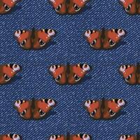 Seamless denim pattern with peacock butterfly with spread wings. Elements are arranged alternately. Top view. Boho style. Grunge textured background. vector