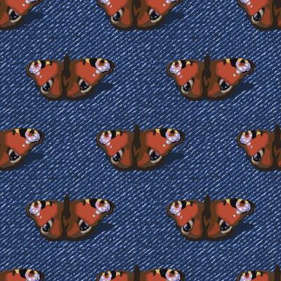 Seamless denim pattern with peacock butterfly with spread wings. Elements are arranged alternately. Top view. Boho style. Grunge textured background.