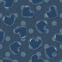 Summer denim pattern with hearts, polka dot ornament behind. Scattered objects on blue jeans texture. Groovy, hippie, naive style for apparel, fabric, textile, design. Monochrome negative illustration vector