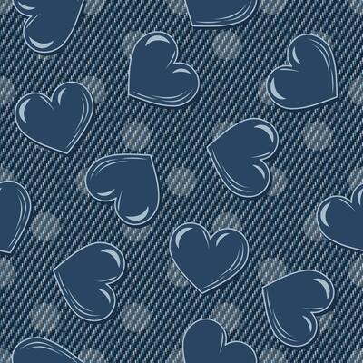 Summer denim pattern with hearts, polka dot ornament behind. Scattered objects on blue jeans texture. Groovy, hippie, naive style for apparel, fabric, textile, design. Monochrome negative illustration
