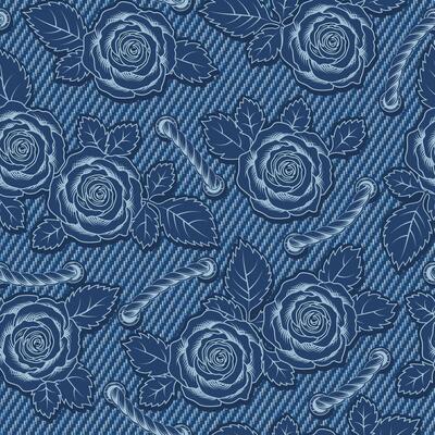 Denim floral seamless pattern with roses, rope lacing. Blooming flowers with leaves on blue jeans texture. Monochrome inverted negative illustration. For prints, clothing, apparel design