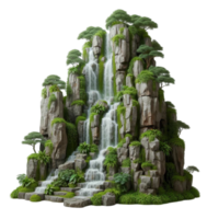 a waterfall in the middle of a mountain with trees and rocks png