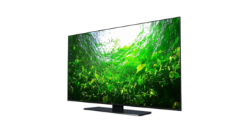 Modern television with vibrant underwater green plants displayed on the screen at an angle png