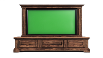Elegant Wooden TV Stand with Empty Green Screen for Customizable Background Usage png