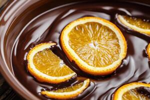 Slices of fresh orange dipped in glossy melted chocolate. A delicious combination of citrus and sweet cocoa photo