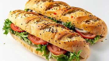 Fresh baguette sandwiches with lettuce, tomato, and onion on white background. photo